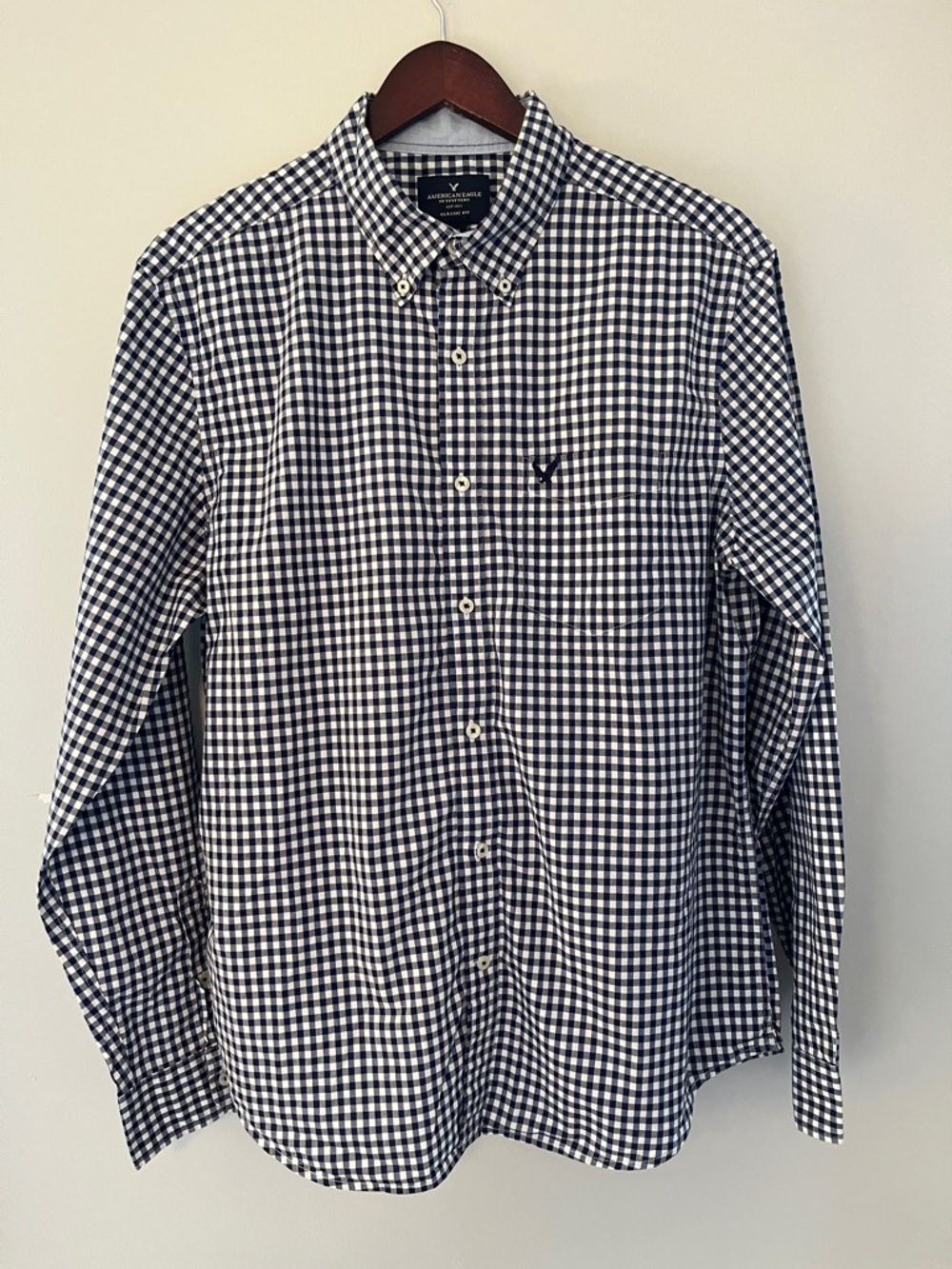 American Eagle Outfitters Navy and White Gingham Button-Down Shirt